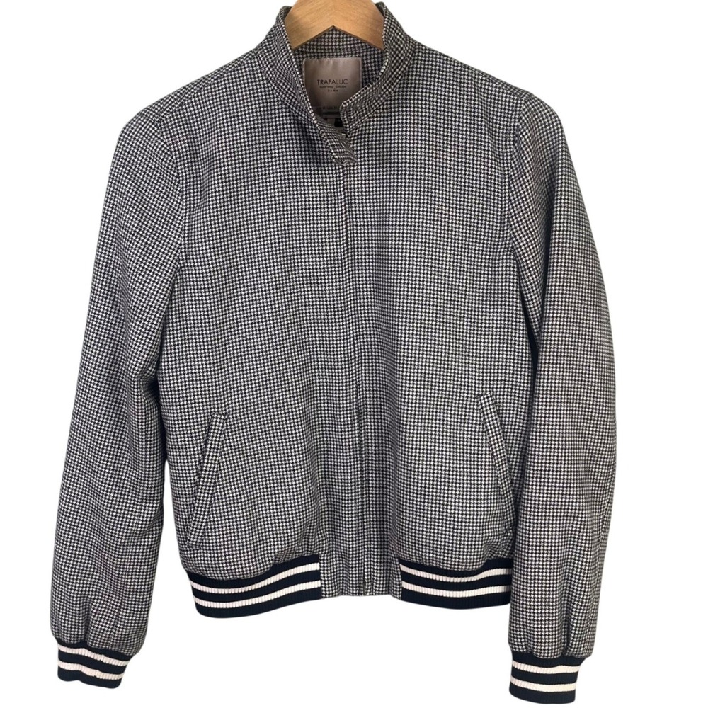 Zara Trafaluc Gray Black Herringbone Wool Blend Full Zip Bomber Jacket Medium